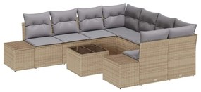 Conjunto de Sofá de Jardim de 9 Peças com Almofadas Bejas em Rattan Po
