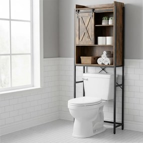 Estante para máquina de lavar ou sob sanita 64 x 24 x 171 cm com armário castanho rustico-preto