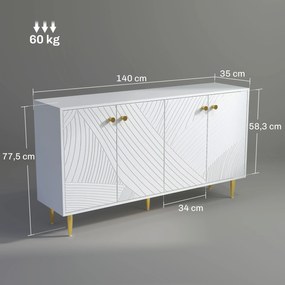 Aparador de sala 140 x 35 x 77,5 cm com prateleiras ajustáveis e armários com portas, branco