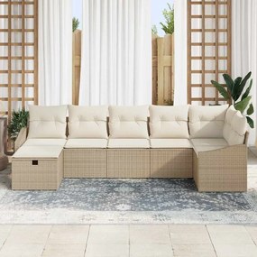 Conjunto de Sofá de Jardim de 7 Peças com Almofadas Bege Rattan Poliés