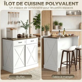 Ilha central de cozinha 106,4 (L) x 57 (P) x 92 (A) cm (BANCOS NÃO INCLUIDOS), móvel de arrumação com 2 gavetas e 2 portas de correr, prateleira ajust