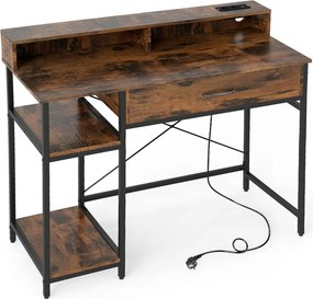 Secretária para computador 106 x 48 x 90 cm com tomadas com armário superior, gaveta e 2 prateleiras abertas Estrutura Castanha
