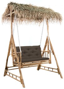 Banco baloiço 2 lug. bambu c/ folhas palmeira e almofadão 202cm