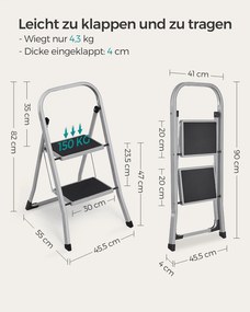 Escadote com 2 degraus até 150 kg 45,5 x 82 cm Cinzento