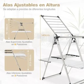 Estendal dobrável para secar roupa de 2 níveis para secar roupa com barra de suspensão de asa ajustável Clipes para meias Gancho interior Gancho exter