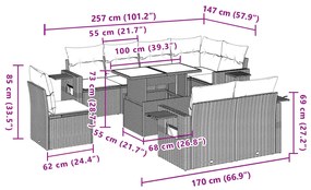 9 pcs conjunto sofás p/ jardim com almofadões vime PE cinzento