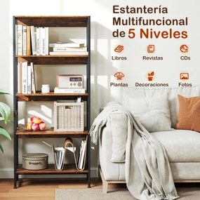 Estante de 5 prateleiras com 70 x 35 x 157 cm e prateleiras reguláveis com estrutura metálica Estante de estúdio Castanho