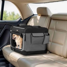 Transportadora dobrável para animais estimação 60 x 42 x 42 cm com 4 portas em tecido de rede Preto