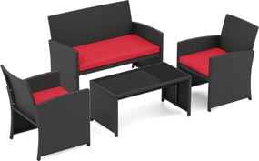 Conjunto de jardim em rattan com 4 peças: sofás de 2 lugares, mesa de vidro temperado e almofadas para exterior, varanda ou piscina, Preto+vermelho