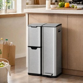 Caixote do lixo de cozinha com pedal e 3 compartimentos, 60 L, 46,7 x 39 x 71,9 cm, prateado