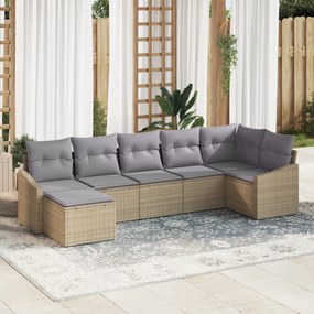 vidaXL Conjunto de Jantar de 7 Peças com Almofadas Bege Rattan Poliéster