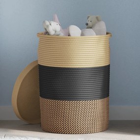 vidaXL Cesto de arrumação com tampa Ø37x50 cm algodão preto e bege