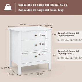 Mesa de Cabeceira "FREJA" com 3 Gavetas – Moderna, Branco – 60 x 45 x