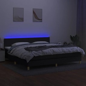 Cama box spring c/ colchão e LED 200x200 cm tecido preto