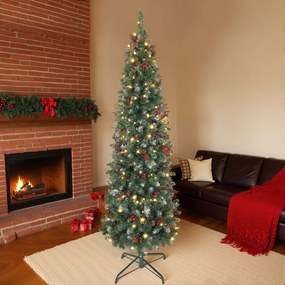 Árvore de Natal Slim 180 cm com Luzes LED 8 Modos de Iluminação 461 Ramos com Purpurina Prateada Pinhas e Bagas Verde