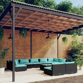vidaXL 10 pcs conjunto lounge de jardim c/ almofadões vime PE preto