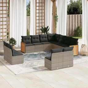 11 pcs conjunto sofás de jardim c/ almofadões vime PE cinzento