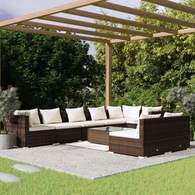 vidaXL 9 pcs conjunto lounge jardim c/ almofadões vime PE castanho