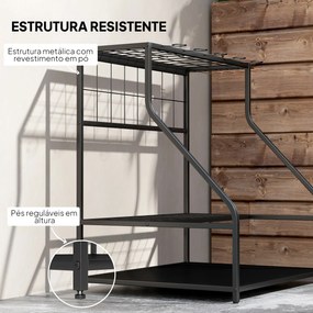 Organizador de Ferramentas de Jardim de 3 Níveis para Garagem com Ganchos para Pás Ancinhos Vassouras 84x53x73 cm Preto