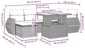 7 pcs conjunto sofás p/ jardim c/ almofadões vime PE cinzento