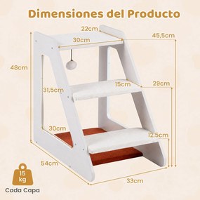 Escada para Cães e Gatos de 3 Níveis, 33 x 54 x 48 cm, Tecido de Bombazina Antiderrapante, Branco