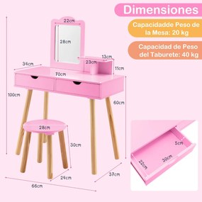 Conjunto Toucador e banquinho de madeira para crianças 70 x 34 x 100 cm com espelho retangular e 2 gavetas grandes Rosa