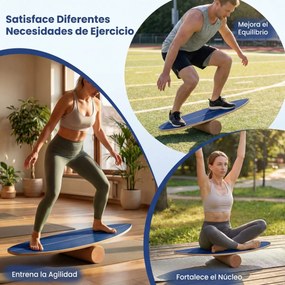 Prancha de equilíbrio para adultos em madeira com rolo de cortiça e estante de arrumação para treino do tronco e surf oscilante azul-marinho