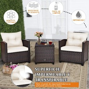 Conjunto Jardim de 3 peças 2 sofás e 1 Mesa com almofadas laváveis para jardim, piscina, varanda Castanho e Branco