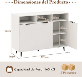 Aparador Buffet de cozinha 120 x 40 x 90 cm com estantes ajustáveis Armário bar com 3 compartimentos e portas para sala de jantar Branco