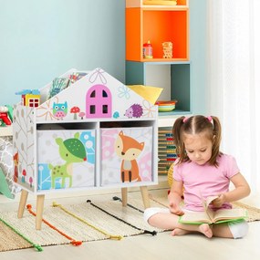Estante para crianças Organizador de madeira Prateleiras para arrumação de brinquedos com 2 recipientes de arrumação e pernas elevadas Branco