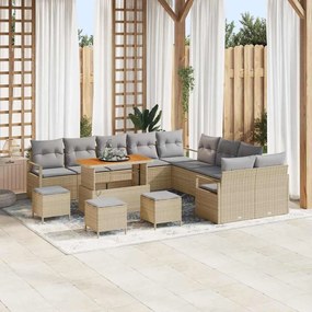 Conjunto de Sofá de Jardim vidaXL com 14 peças e almofadas bege em vime plástico e acácia
