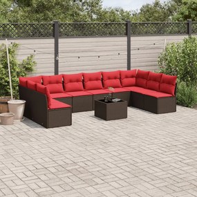 vidaXL 11 pcs conjunto sofás de jardim c/ almofadões vime PE castanho