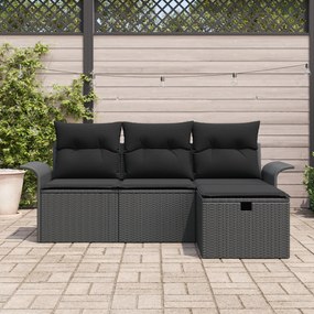 Conjunto de Sofás de Jardim de 4 Peças com Almofadas Preto Rattan Poli