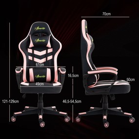 Cadeira Gaming com Altura Regulável Basculante Apoio de Cabeça e Almofada Lombar 61x70x121-129 cm Rosa e Preto