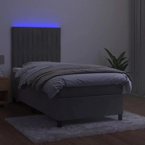 Cama box spring c/ colchão/LED 90x200 cm veludo cinzento-claro