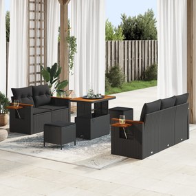 Conjunto de Sofás de Jardim vidaXL 8 Peças com Almofadas Preto Polyrattan Acácia
