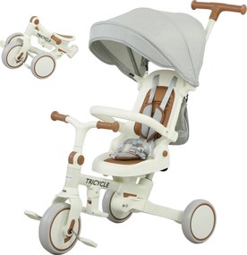 Triciclo evolutivo 5 em 1 para bebés, triciclo dobrável para crianças com pega ajustável e capota removível, para idades entre 1 e 3 anos, cor creme
