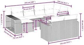 11 pcs conjunto sofás de jardim c/ almofadões vime PE cinzento