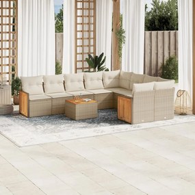 10 pcs conjunto de sofás p/ jardim com almofadões vime PE bege
