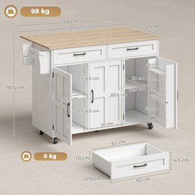 Ilha de cozinha com tampo dobrável, carrinho com rodízios 2 gavetas, 3 portas, suporte para prateleiras e porta-toalhas, branco