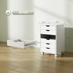 Bloco de Gavetas Móvel Arquivador com 6 Gavetas Suporte para Impressora com Rodas 40x35x63 cm Branco