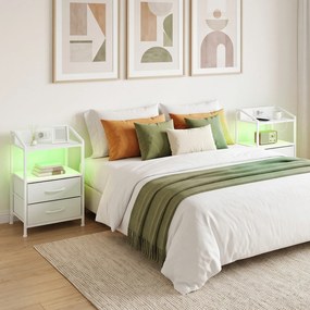 Conjunto de 2 Mesas de Cabeceira com LED RGB e Estação de Carregamento 2 Gavetas em Tecido para Quarto 40x30x60 cm Branco