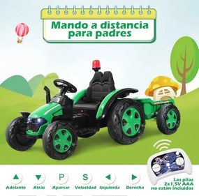 Trator elétrico infantil 2 em 1 com reboque. Inclui comando à distância e cinto de segurança de 2 pontos para crianças de 3 a 8 anos. Verde.