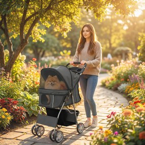Carrinho Dobrável para Cães Pequenos com Cesta de Armazenamento, Suportes para Copos e Almofada Lavável 77x44x102 cm Cinzento Escuro