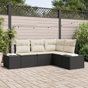 Conjunto de Sofá de Jardim de 4 Peças com Almofadas Preto Vime Poliést