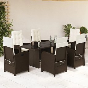 7 pcs conjunto jantar p/ jardim c/ almofadões vime PE castanho