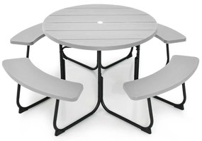 Conjunto de jardim para 8 pessoas com mesa e 4 bancos, orifício para guarda-sol e mesa de campismo redonda para piquenique no jardim Carga 225 kg Cinz