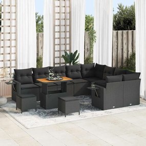 Conjunto de Sofá de Jardim vidaXL de 12 peças com Almofadas Preto Rattan Poliéster Acácia