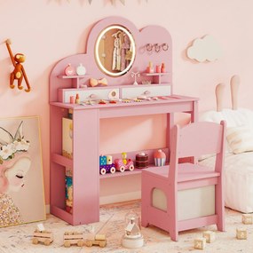 Toucador infantil com luzes e cadeira de princesa com 2 gavetas e Estante de 2 níveis, 3 ganchos e 2 prateleiras abertas Rosa