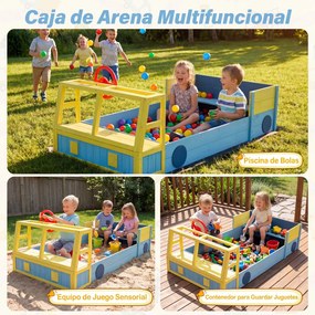 Caixa de areia infantil em madeira de abeto com forma de carro 160 x 86 x 58 cm, assento com base aberta e forro inferior, para praia, pátio ou jardim